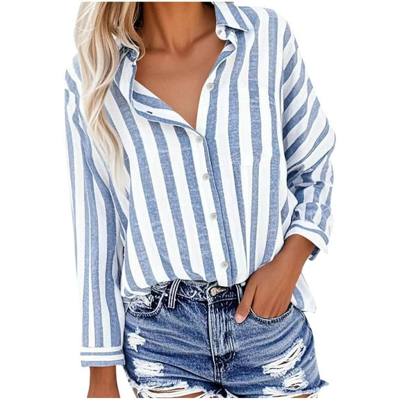 Fancifize Women Striped Cotton Linen Shirts Long Sleeve Button Down Blouse Casual Loose Fall Fashion Outfits