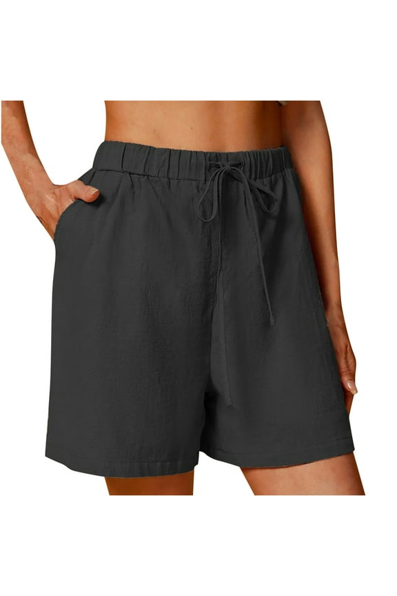 Women Summer Linen Shorts Minimalist Elastic Waist Wide Leg Lounge Shorts Farmers Market To Coffee Dates XXL,Black
