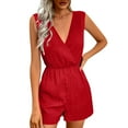 thumbnail image 1 of Fancifize Women V Neck Jumpsuit Sleeveless Dressy Romper Tie Waist Summer Night Out Outfit with Pockets L,Red, 1 of 8