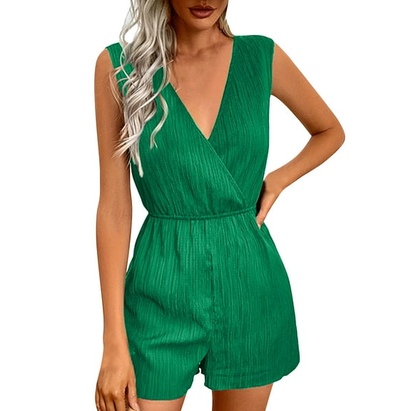 Fancifize Women V Neck Jumpsuit Sleeveless Dressy Romper Tie Waist Summer Night Out Outfit with Pockets S,Green