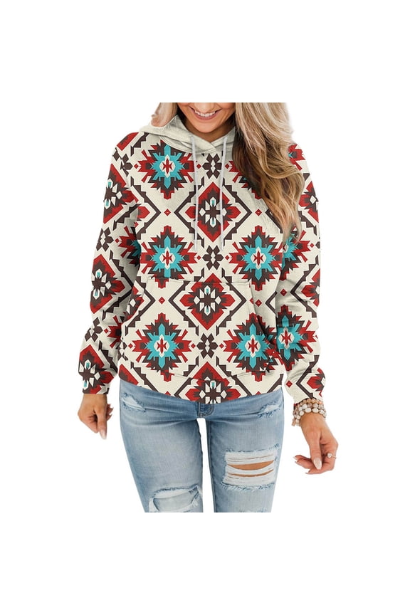 Women Western Aztec Hoodies Drawstring Sweatshirt Pullover Long Sleeve Ethnic Vintage Graphic Tops with Pocket Causal Fall Clothes