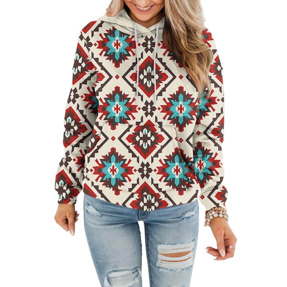 Fancifize Women Western Aztec Hoodies Drawstring Sweatshirt Pullover Long Sleeve Ethnic Vintage Graphic Tops with Pocket Causal Fall Clothes