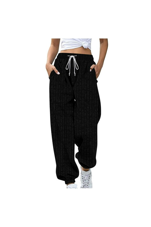 Women Wide Leg Pants Casual Drawstring Elastic Waist Pant Stripe Ribbed Knit Sweatpants Loose Fall Trousers with Pockets
