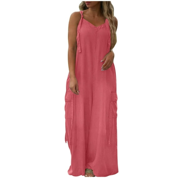 Fancifize Women Wide Leg Playsuit Palazzo Jumpsuit Sleeveless Summer Romper Beach Cover Up Resort Outfit with Cargo Pockets L,Pink