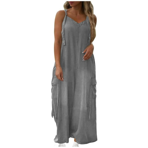 Fancifize Women Wide Leg Playsuit Palazzo Jumpsuit Sleeveless Summer Romper Beach Cover Up Resort Outfit with Cargo Pockets S,Gray
