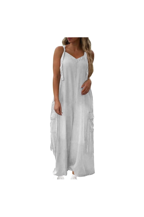 Women Wide Leg Playsuit Palazzo Jumpsuit Sleeveless Summer Romper Beach Cover Up Resort Outfit with Cargo Pockets XXL,White