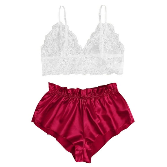 Fancifize Women's 2 Piece Pajamas Set Lace Spaghetti Strap Bra and Satin Panty Sleepwear Casual Sleepwear