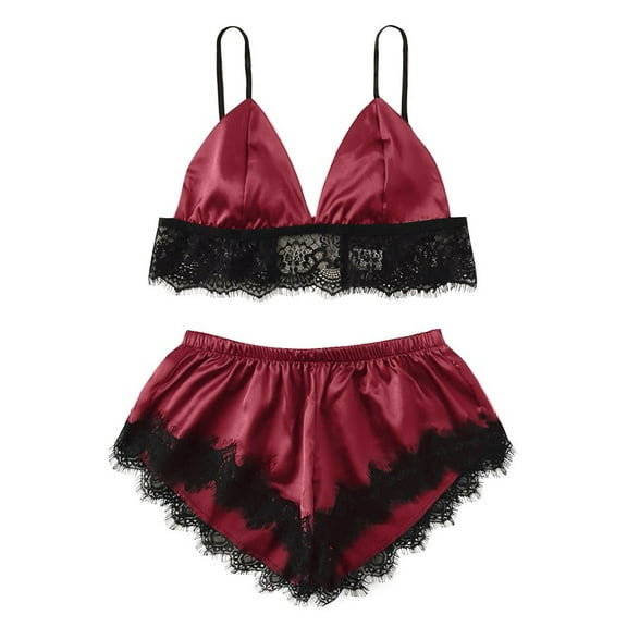 Fancifize Women's 2 Piece Satin Pajama Spaghetti Strap Bra and Elastic Panty Lace Sleepwear Soft Sleepwear