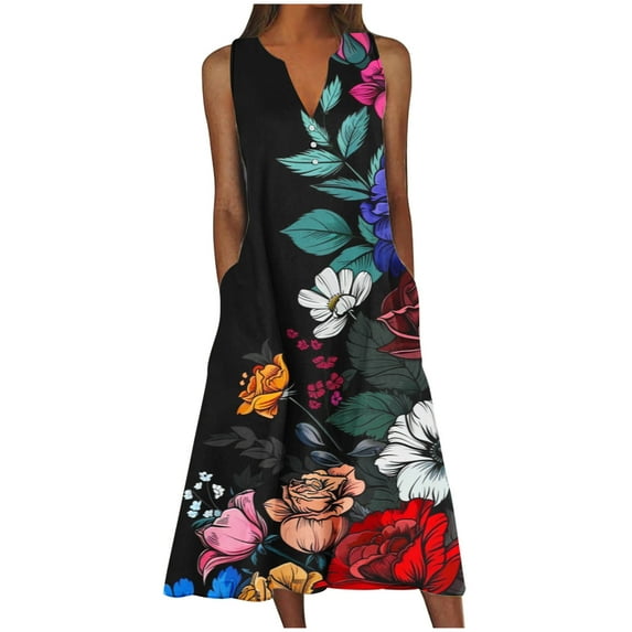 Fancifize Women's 2024 Sundresses Casual Summer Tank Dress Floral V Neck Sleeveless Button Down Midi Beach Dress with Pockets