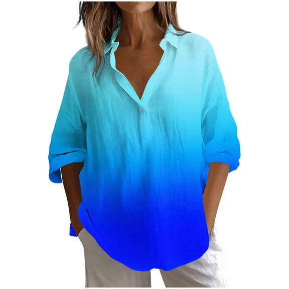 Fancifize Women's 3/4 Length Sleeve Shirts Button Down V Neck Tunic Tops Loose Casual Blouses Fashion Outfits