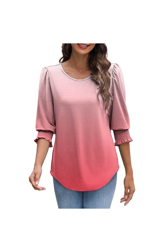 Women's 3/4 Puff Sleeve Tops Crew Neck Color Block Casual Loose Blouses Pleated Fall winter Comfy Shirts with Smocked Cuffs