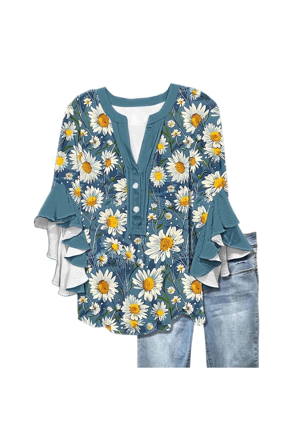 Women's Bohemian Peasant Top - Ruffle Cuff V-Neck Shirt 3/4 Flounce Sleeve Lightweight Tunic Festival Wear,S,Blue