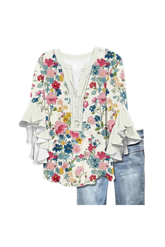 Women's Boho Ruffle Trim Blouse - 3/4 Flounce Sleeve V-Neck Button-Up Top Flowy Hippie Style Summer Tunic,M,Multicolor