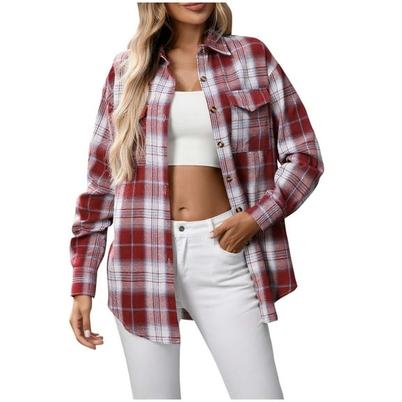 Fancifize Women's Button Down Shirts Shackets Long Sleeve Collared Plaid Shackets Jackets Business Casual Work Blouses Outwear