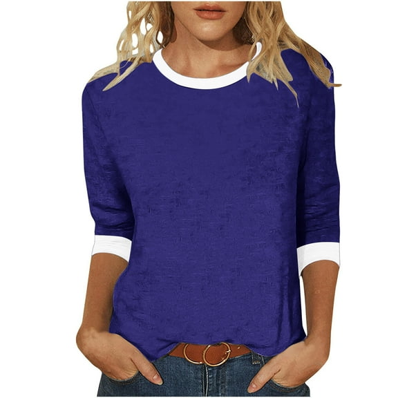 Fancifize Women's Casual Color Block Shirts 3/4 Sleeve Crew Neck Tunic Tops Loose Going Out Pullover Top Fall Trendy Outfits