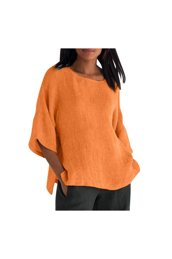 Women's Casual Cotton Linen Tops Crew Neck 3/4 Sleeve Side Split Shirts Loose Fall Lightweight Clothes