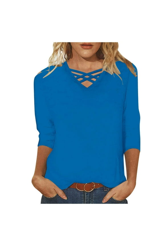 Women's Casual Tops V Neck 3/4 Sleeve Criss Cross Shirts Loose Tunic Blouses Fall Lightweight Clothes