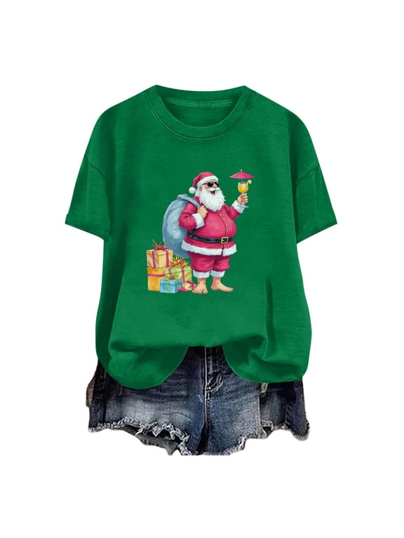 Women's Christmas Graphic T Shirts Crewneck Short Sleeve Xmas Print Tee Cute Trendy Holiday Tops,Green