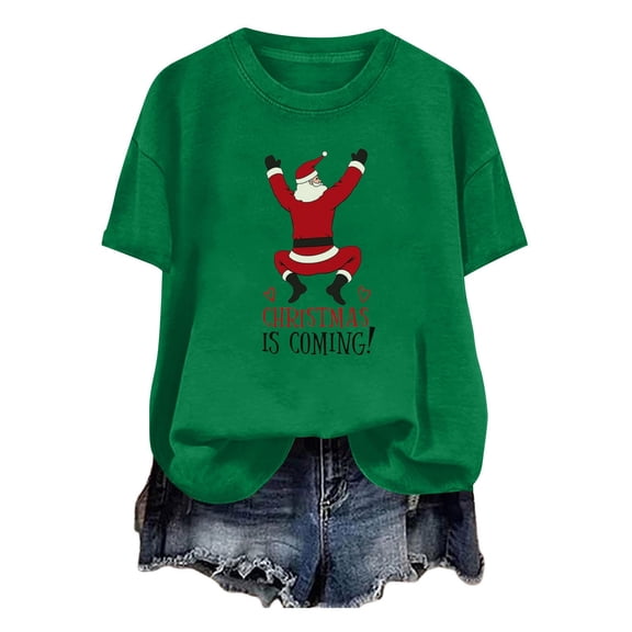Fancifize Women's Christmas Graphic T Shirts Crewneck Short Sleeve Xmas Print Tee Cute Trendy Holiday Tops,Green