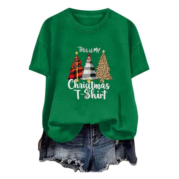 Fancifize Women's Christmas Graphic T Shirts Crewneck Short Sleeve Xmas Print Tee Cute Trendy Holiday Tops,Green
