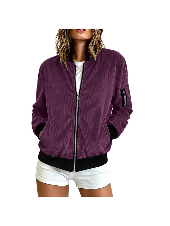 Women's Corduroy Bomber Jacket, Zip Up Long Sleeve Coat with Pockets, Ladies Trendy Vintage Texture Outerwear S-2XL