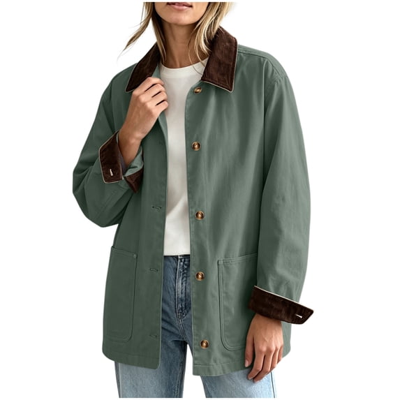 Fancifize Women's Corduroy Collar Barn Jacket Long Sleeve Button Down Mid Length Utility Coat with Pockets,S-2XL