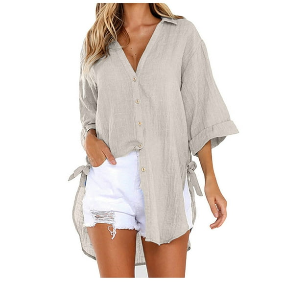 Fancifize Women's Cotton Linen Button Down Shirt Sun Protection Roll Up Sleeve Collared Blouse Casual Outdoor Fishing Hiking Top