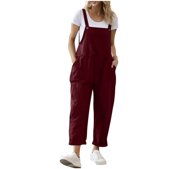 Fancifize Women's Cotton Linen Jumpsuits Casual Loose Adjustable Straps High Waist Baggy Overalls Pants Romper with Pockets