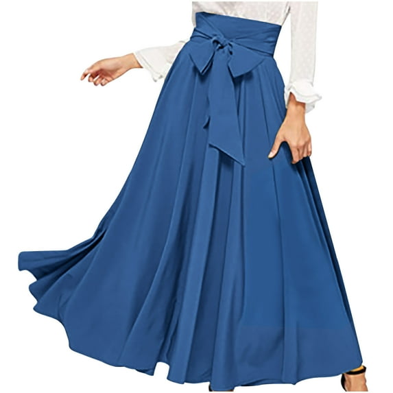 Fancifize Women's Elegant High Waist Flowy Skirt Belted Tie Front A-Line Maxi Skirt Fashion Solid Color Pleated Long Skirt