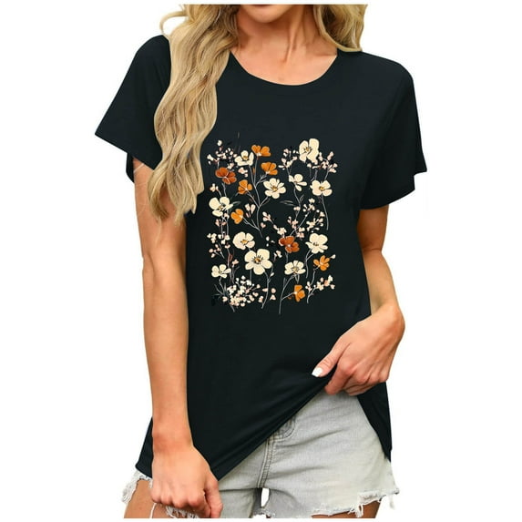 Fancifize Women's Floral Print Crew Neck Tee - Short Sleeve Botanical Casual Top Soft Basic Summer Everyday Shirt,XXL,Black
