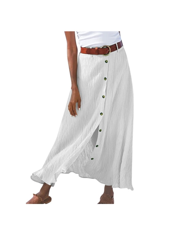 Women's Flowy A-Line Flared Midi Skirt High Waist Split Button Down Long Skirt Casual Solid Color Skirt