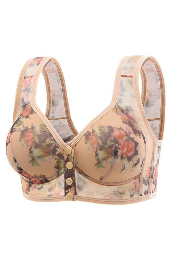 Women's Full Coverage Floral Comfort Minimizer Wire-Free Bra Plus Size Front Closure Bra, Cooling Mesh T-Shirt Bra