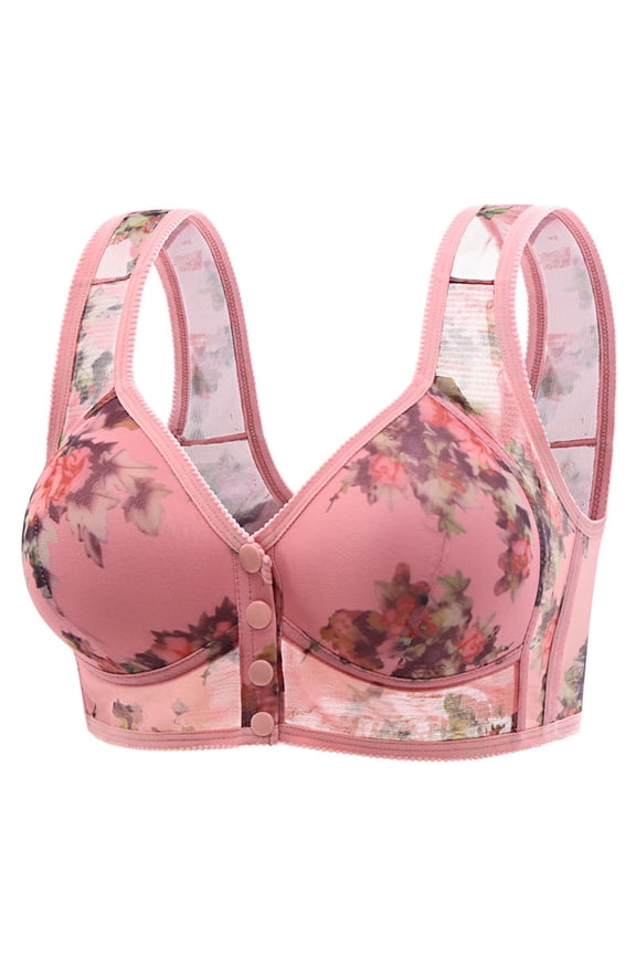 Women's Full Coverage Floral Comfort Minimizer Wire-Free Bra Plus Size Front Closure Bra, Cooling Mesh T-Shirt Bra
