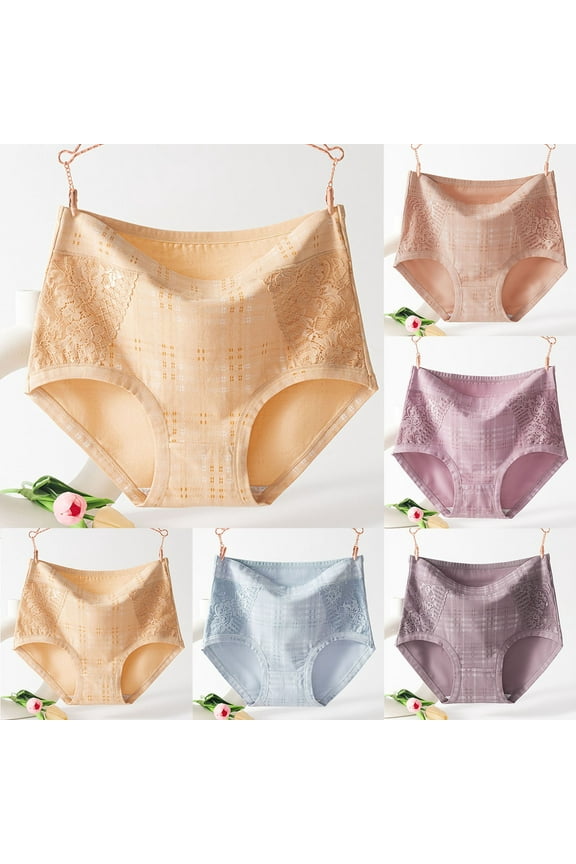 Women's High Waist Lace Panties Comfortable Soft Breathable Briefs Ladies Plus Size Full Coverage Briefs Underwear,5-Pack,XL,Beige