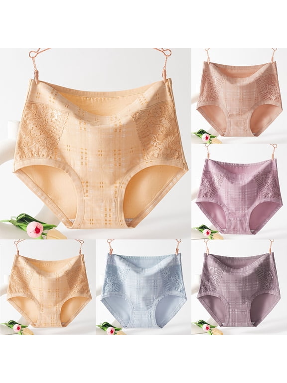 Women's High Waist Lace Panties Comfortable Soft Breathable Briefs Ladies Plus Size Full Coverage Briefs Underwear,5-Pack,XXXXXL,Beige