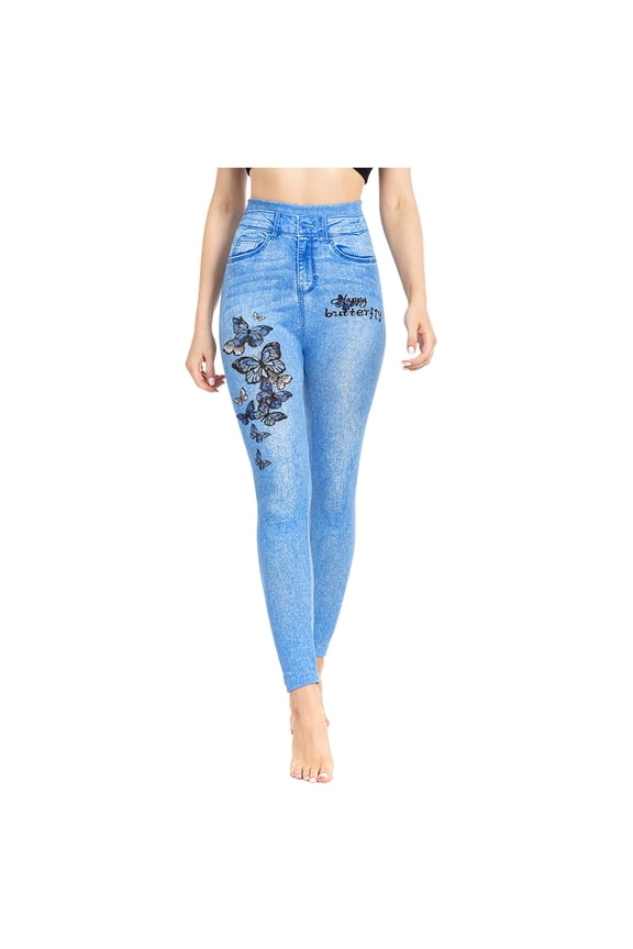 Women's Jeggings High Waist Tummy Control Jean Leggings Floral Print Stretchy Slim Fit Denim Tight Pants
