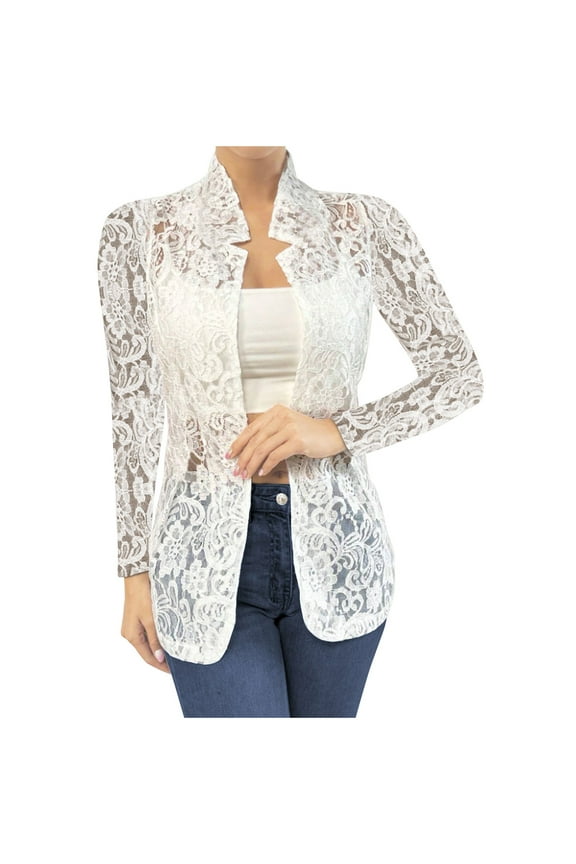 Women's Lace Open Front Long Sleeve Sheer Casual Blazer Jacket for Women Elegant Slim Fit Floral Lace Jacket Blazer White