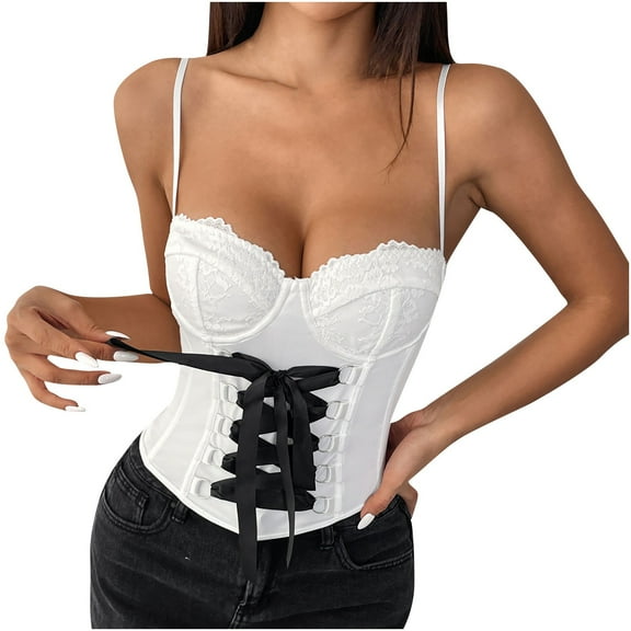 Fancifize Women's Lace Spaghetti Strap Bustier Cami Crop Tops Lace-up Slimming Tank Top Deep V Neck Summer Top