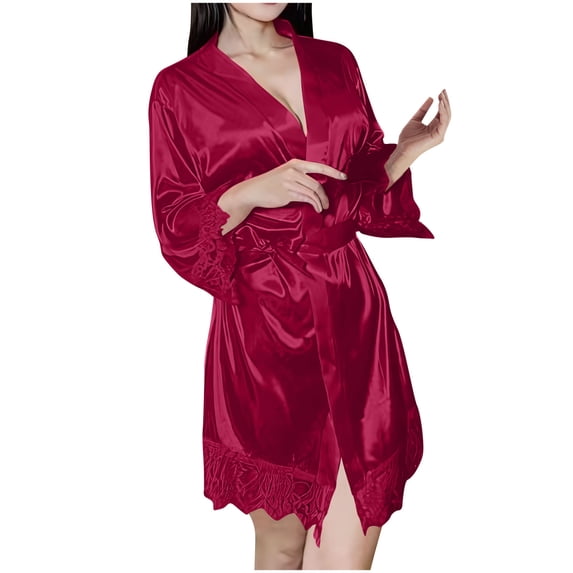 Fancifize Women's Lace-Trim Silk Robes Long Sleeve Kimono Satin Bathrobe Casual Quick Dry Sleepwear Nightgown Loungewear