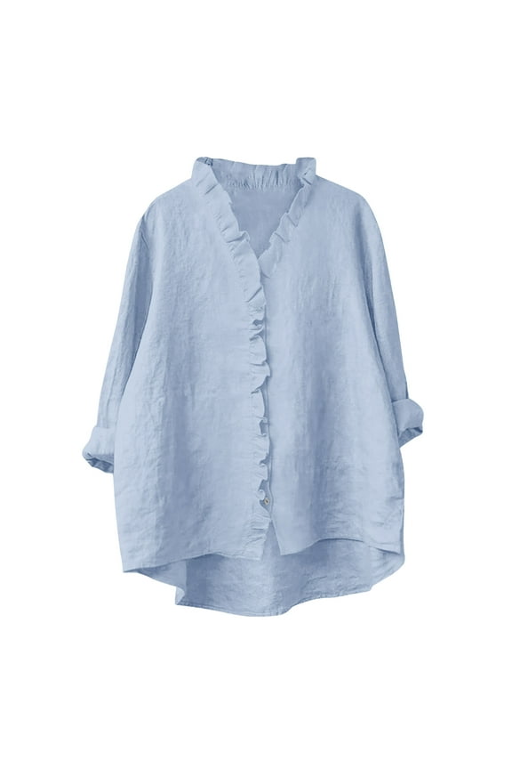 Women's Linen Button Down Shirts Ruffle Trim 3/4 Sleeve V Neck Casual Cotton Tops Loose Autumn Shirts
