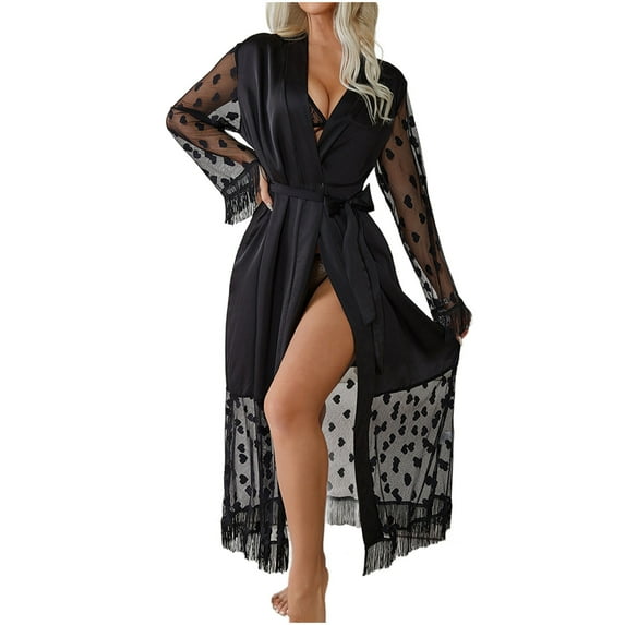 Fancifize Women's Long Satin Robe Silk Kimonos Bathrobe Long Sleeve Sleepwear Nightgown Sexy Mesh Full Length Robes