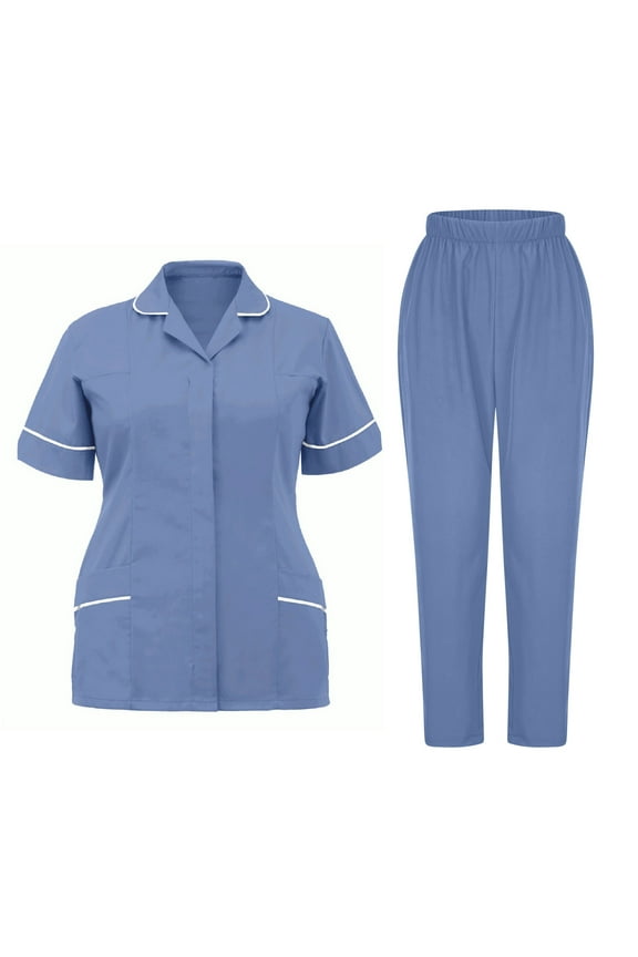 Women's Medical Scrub Set V-neck Collared Top and Jogger Pants Stretchy Nursing Uniform Scrubs Set Comfort Fit Breathable Workwear with Pockets