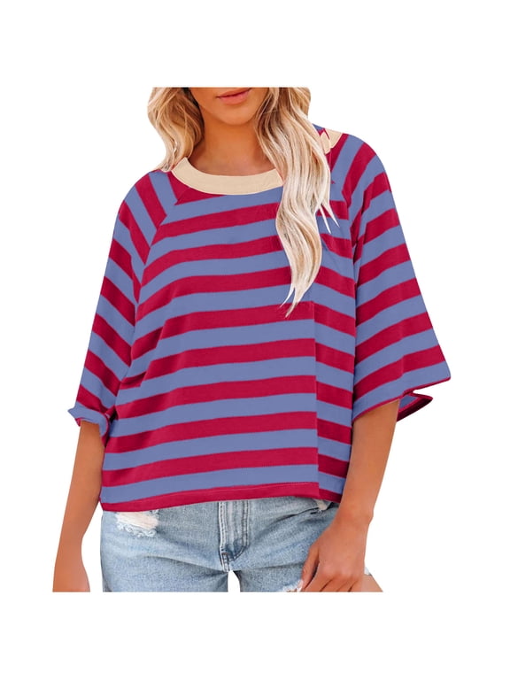 Women's Oversized Cropped T Shirts Striped Short Sleeve Crewneck Summer Tops Casual Loose Basic Tee Shirts 2024 Trendy Clothes