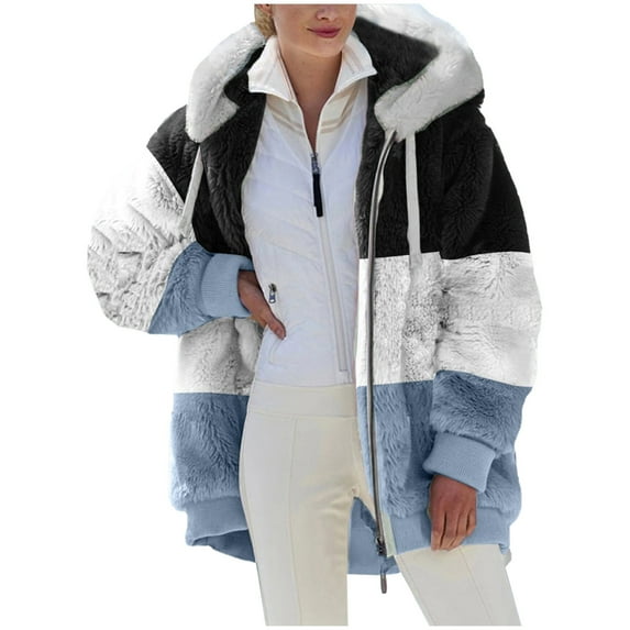 Fancifize Women's Oversized Faux Fur Jacket Plush Hooded Color Block Coat Warm Winter Zip Up Casual Outwear with Pocket