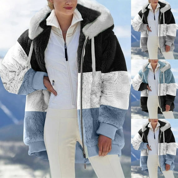 Fancifize Women's Oversized Faux Fur Jacket Plush Hooded Color Block Coat Warm Winter Zip Up Casual Outwear with Pocket