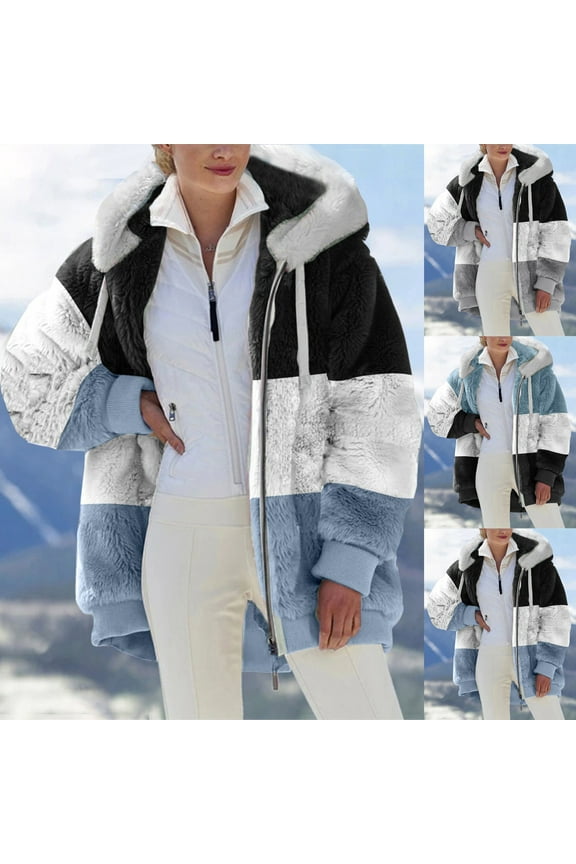 Women's Oversized Faux Fur Jacket Plush Hooded Color Block Coat Warm Winter Zip Up Casual Outwear with Pocket