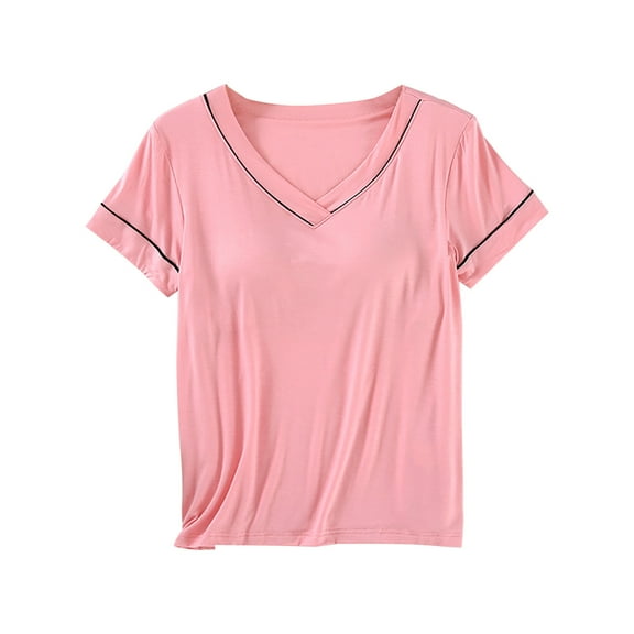 Fancifize Women's Pajama Tops With Built In Bra Short Sleeve Shirts V-Neck Lightweight Loose Loungewear Sleepwear