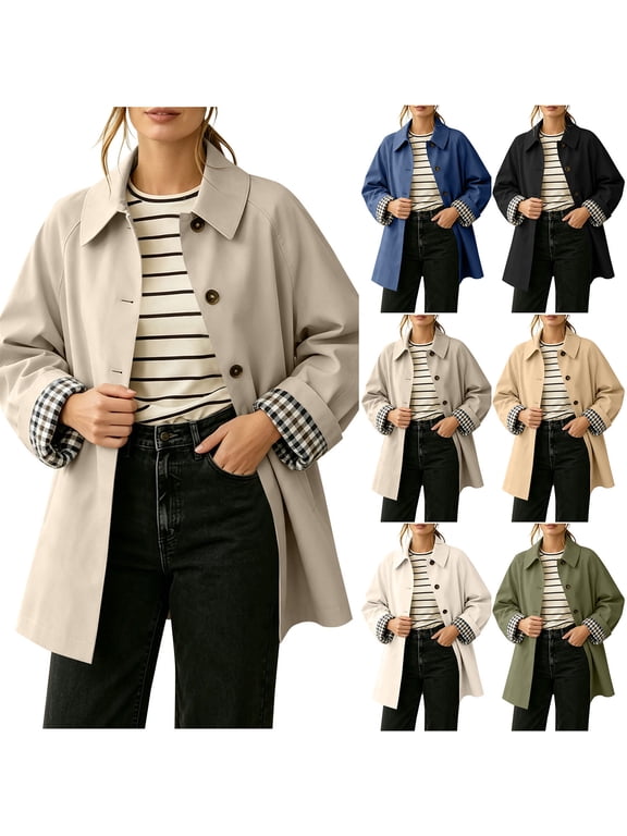 Women's Plaid Lined Trench Coat Lapel Single Breasted Mid Length Long Sleeve Lightweight Jacket with Pockets