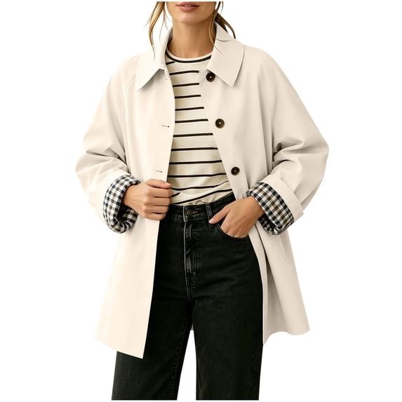 Fancifize Women's Plaid Lined Trench Coat Lapel Single Breasted Mid Length Long Sleeve Lightweight Jacket with Pockets