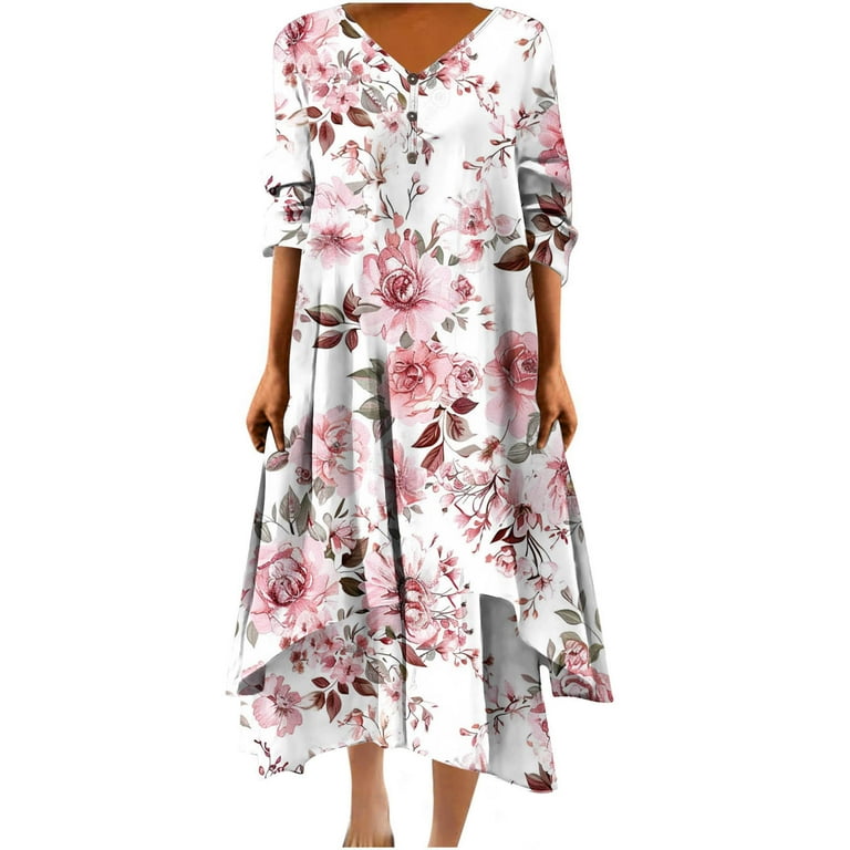Women's V-Neck Printed Long Sleeve Loose Dresses Women's V-Neck Printed Long Sleeve Loose Dresses